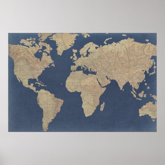 Poster Mapa do Mundo Dourado e Azul (Frente)