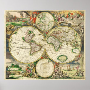 Póster Mapa do mundo em 1689 por Gerard camionete Schagen