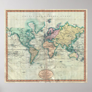 Póster Mapa do Mundo em Projeção Mercator em 1801
