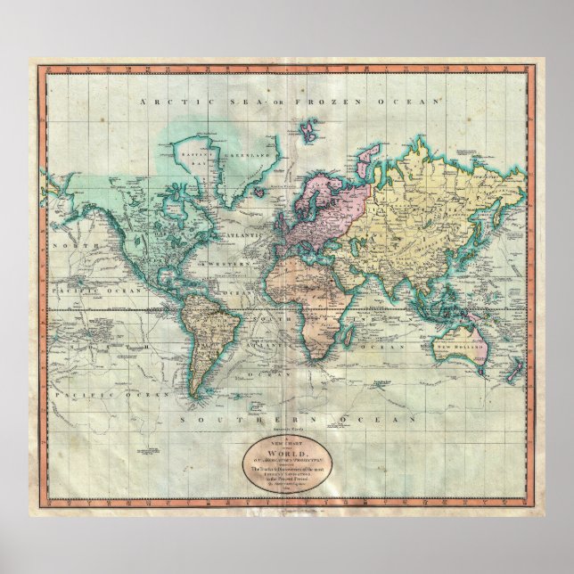 Póster Mapa do Mundo em Projeção Mercator em 1801 (Frente)