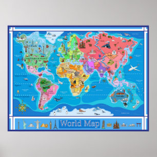 Poster Mapa do Mundo Ilustrado para Crianças Médias - 3