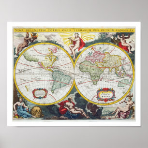 Póster Mapa do mundo, início do século XVIII (gravura
