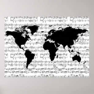 Póster mapa do mundo negro com notas musicais