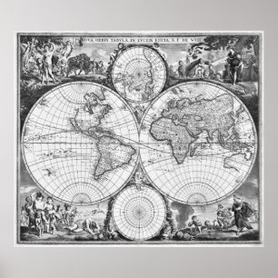 Póster Mapa do Mundo Negro e Branco (1670)