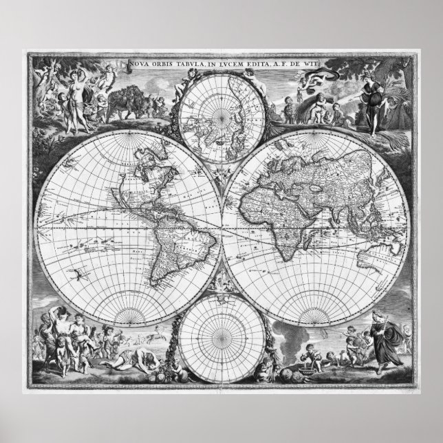 Póster Mapa do Mundo Negro e Branco (1670) (Frente)