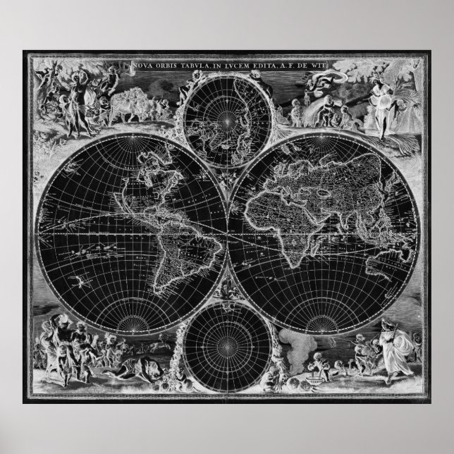 Poster Mapa do Mundo Negro e Branco (1670) Inverso (Frente)