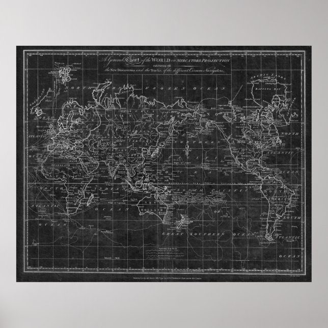 Póster Mapa do Mundo Negro e Branco (1799) Inverso (Frente)