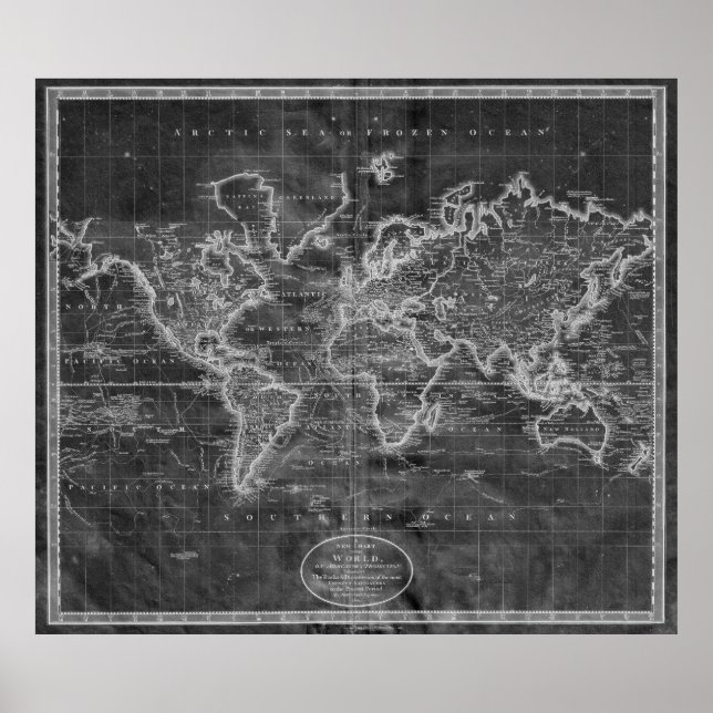 Poster Mapa do Mundo Negro e Branco (1801) Inverso (Frente)