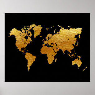 Poster Mapa do Mundo Negro e Dourado
