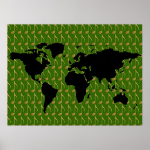 Póster mapa do mundo preto com notas musicais