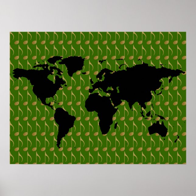 Póster mapa do mundo preto com notas musicais (Frente)