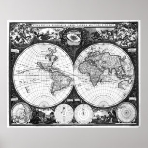 Poster Mapa do mundo preto e branco (1665)