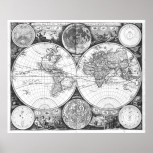 Poster Mapa do mundo preto e branco (1672)