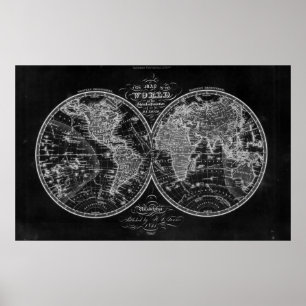 Póster Mapa do mundo preto e branco (1842)