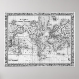 Póster Mapa do mundo preto e branco (1864)
