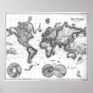 Poster Mapa do mundo preto e branco (1872)