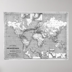 Póster Mapa do mundo preto e branco (1898)