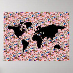 Póster mapa do mundo preto modelado