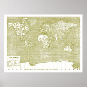 Póster Mapa do Mundo Verde Vintage
