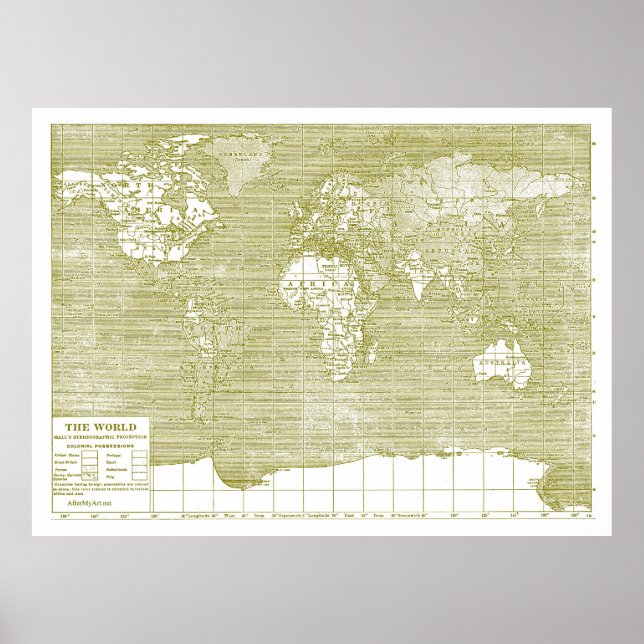 Póster Mapa do Mundo Verde Vintage (Frente)