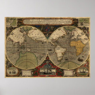 Póster Mapa do Mundo Vintage em 1595 por Jodocus Hondius