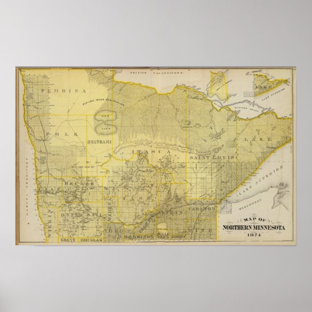 Póster Mapa do Norte Minnesota, 1874 (Frente)