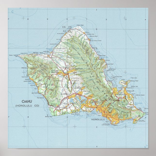 Poster Mapa do Oahu Vintage (Frente)