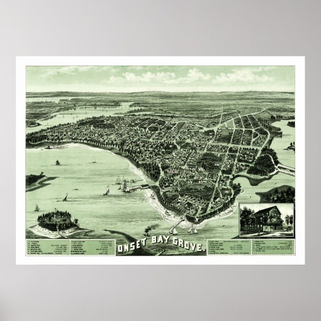 Póster Mapa do Onset Bay Grove em Wareham, MÃES de 1885 (Frente)