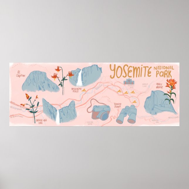 Poster Mapa do Parque Nacional Yosemite, a rosa, (Frente)