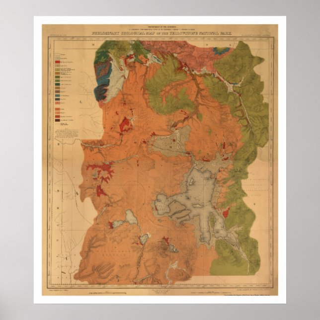 Póster Mapa do Parque Yellowstone 1878 (Frente)