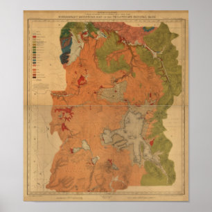 Poster Mapa do Parque Yellowstone, Wyoming, Montan, 1878