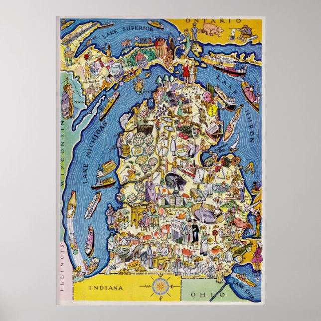 Póster Mapa do Pictorial Michigan de 1930 (Frente)