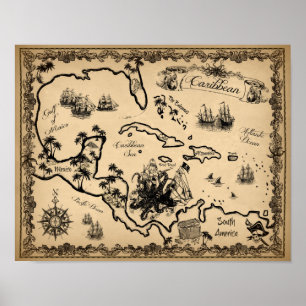 Póster Mapa do pirata do caribe com Kraken