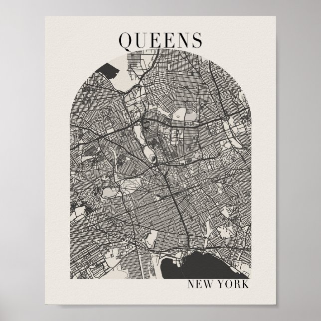 Poster Mapa do Queens New York Boho Arch Beige Street (Frente)