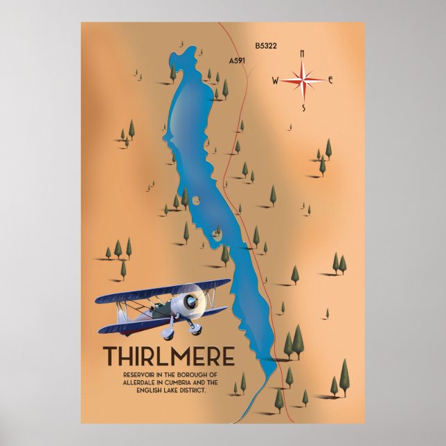 Poster Mapa do Reservatório de Thirlmere Lake District (Frente)