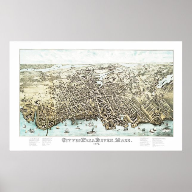 Poster Mapa do Rio Fall, Massachusetts, em 1877 (Frente)