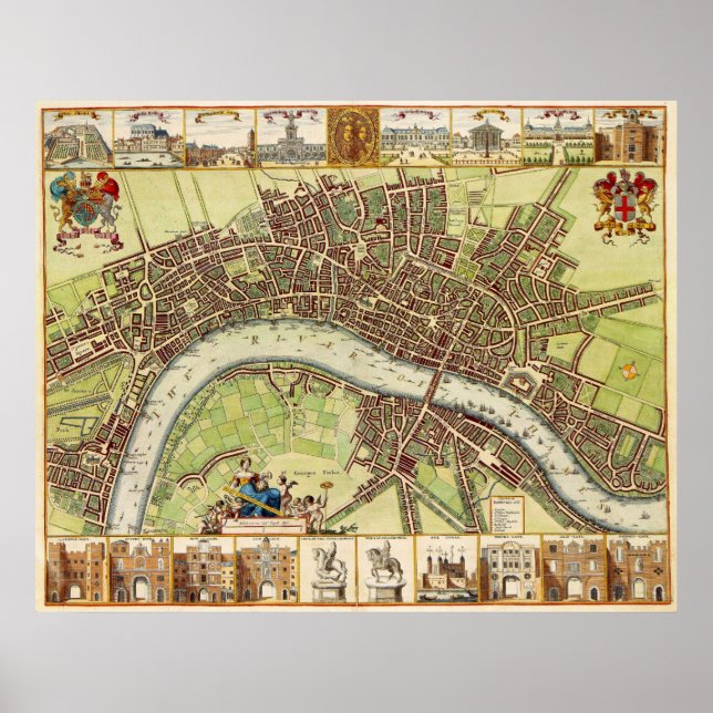 Poster Mapa do século XVII de Londres, Inglaterra, por W. (Frente)