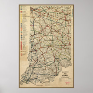 Póster Mapa do Sistema Ferroviário de Indiana, Circa 1897