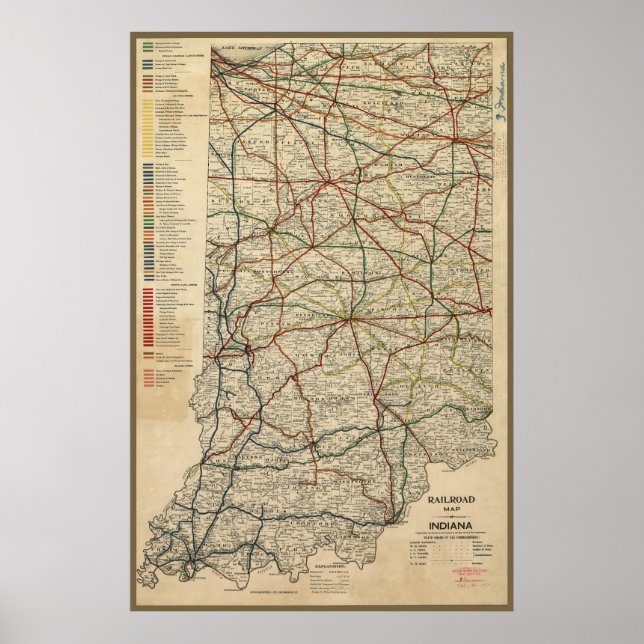 Póster Mapa do Sistema Ferroviário de Indiana, Circa 1897 (Frente)
