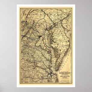 Poster Mapa do sul 1881 da estrada de ferro de Maryland