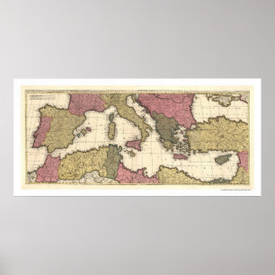 Poster Mapa do Sul da Europa e do Mediterrâneo 1695