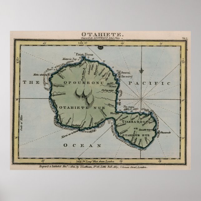 Poster Mapa do Tahiti (1800) (Frente)
