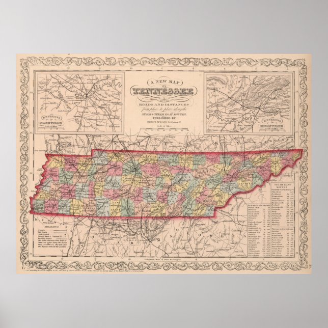 Póster Mapa do Tennessee (1859) (Frente)