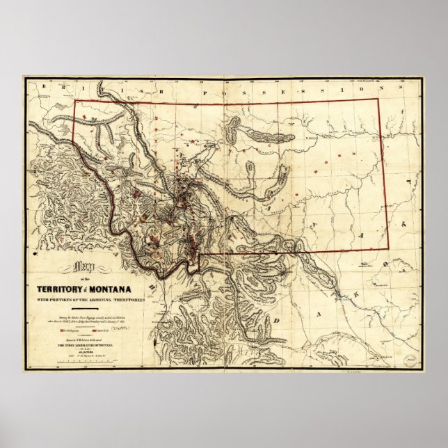 Poster Mapa do Território de Montana (1865) (Frente)