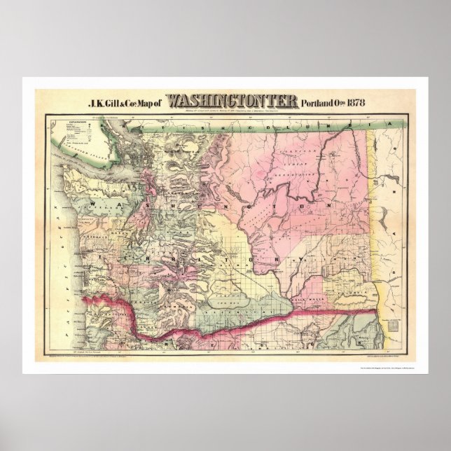 Póster Mapa do Território de Washington por JK Gill 1878 (Frente)