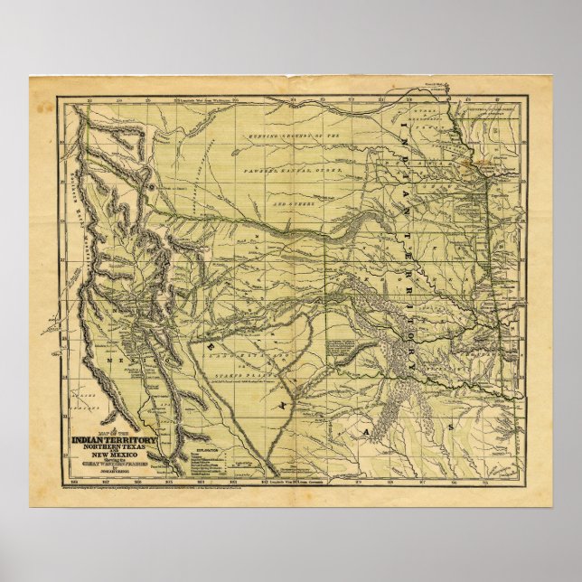 Póster Mapa do Território Indiano de Josiah Gregg em 1844 (Frente)