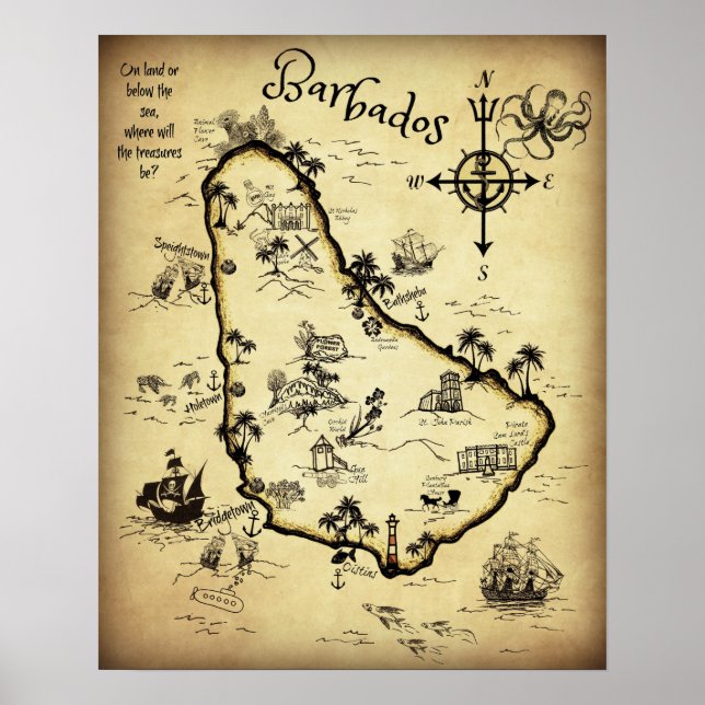 Póster Mapa do tesouro de Barbados e Tour autoguiado (Frente)
