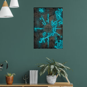 Poster Mapa do Tesouro de Fantasia Ciano Brilhante Rosa d