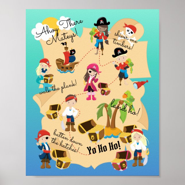 Poster Mapa do Tesouro Pirata Personalizado Divertido (Frente)