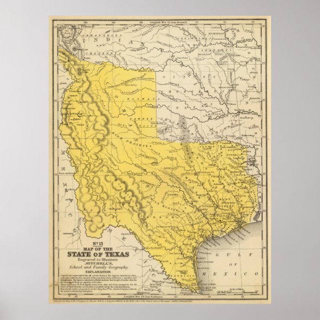 Póster Mapa do Texas (1847) (Frente)